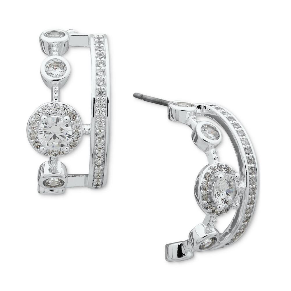 Anne Klein Multi Stone Double C Hoop Earrings – Silver-Tone